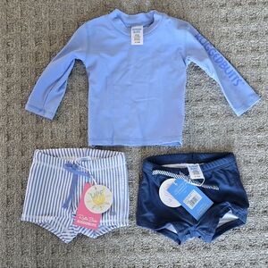 Blue Long Sleeve Swim Shirt and Striped Swim Trunks Set